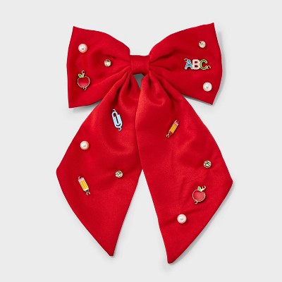 Teacher Apple Pencil and Pearl Hair Bow Clip - Red