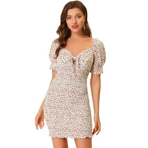 Allegra K Women's Puff Short Sleeve Sweetheart Neck Floral Smocked Bodycon Mini Dress - 1 of 4