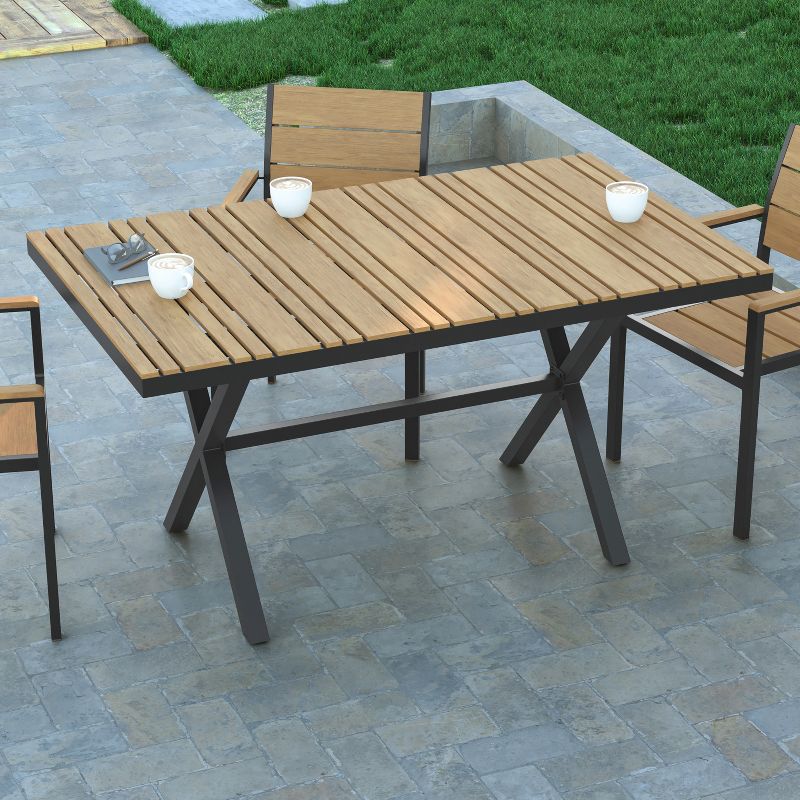 Emma and Oliver 59" x 35.5" Outdoor X-Frame Dining Table with Faux Teak Poly Slat Top and Metal Frame, 4 of 12