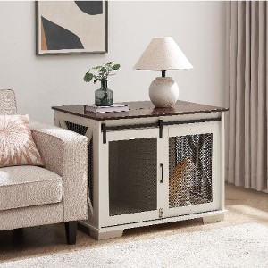 Lyngins Dog Crate Furniture, Farmhouse Dog Cage with Sliding Barn Door & Adjustable Removable Divider,Wooden Dog Kennel End Table with Flip-top Plate - 1 of 4