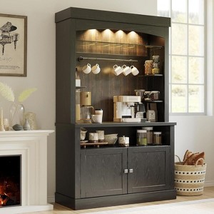 Jojoka 72" Farmhouse Coffee Cabinet with LED Lights, Kitchen Sideboard Buffet Hutch with Storage, Microwave Stand/ Rack/Glass Shelf - 1 of 4