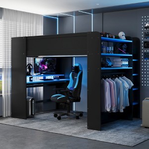 Full Size Wood Bunk Bed with Height-adjustable Desk and RGB Light - 1 of 4