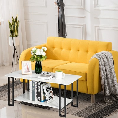 KTMBDW Coffee Table, 40" Rectangular Marble Coffee Table for Living Room, 2-Tier Center Tea Tables with Metal Frame for Small Space, Apartment, White