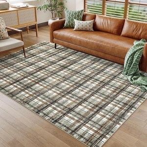 10'x13' Modern Runner Rug Non-Slip Washable, Low Pile Tartan Plaid Carpet for Kitchen Laundry Bathroom,Green - 1 of 4