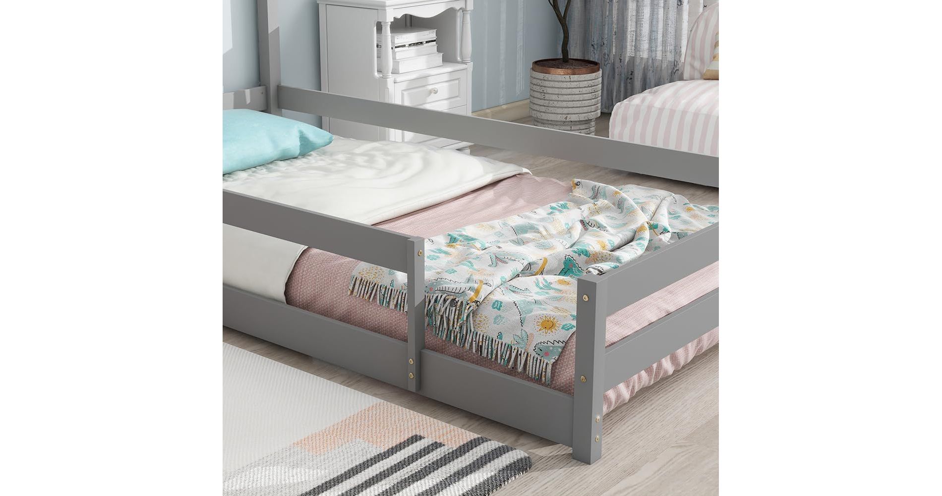 Acekool Twin House Bed Frame with Guardrails, Modern Pine Wood Platform, House-Shape Headboard, For Kids Room, Grey