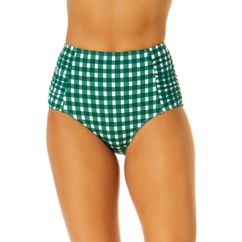 Anne Cole Women's Green Gingham Shirred High Waist Tummy Control Bikini Bottom, 1 of 5