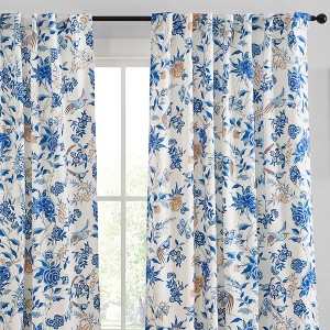 HLC.ME Scarlet Floral & Birds Patterned Window Back Tab Rod Pocket Curtains - Light Blocking Window Panels, Set of 2 - 1 of 4