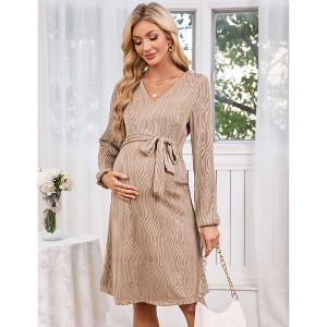 Coolmee Women Long Sleeve Maternity Nursing Dress Casual V Neck Breastfeeding Ribbed Knit Belt Pregnancy Dresses - 1 of 4