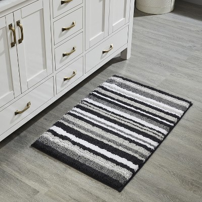 Graphite Gray and White Striped Polyester Bath Rug Set