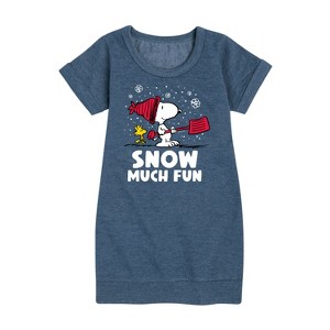 - Peanuts - Snoopy and Woodstock Snow Much Fun Graphic Short Sleeve Fleece Dress - 1 of 4