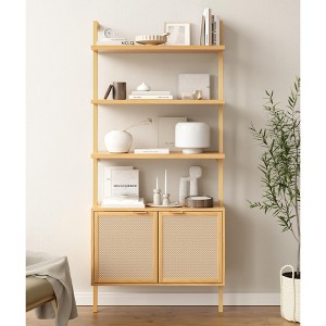 Rattan Ladder Bookshelf, 31.5" Wide 6-Tier Bookcase with Cabinet Doors, Wooden Storage Shelf for Living Room or Office - 1 of 4