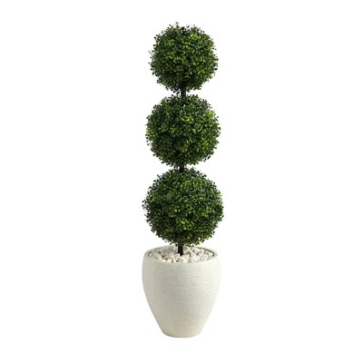 3.5' Indoor/Outdoor Boxwood Triple Ball Topiary Artificial Tree in Planter White/Green - Nearly Natural