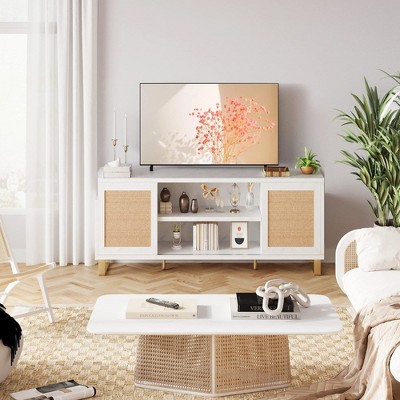 Rattan TV Stand, Modern Entertainment Center for 65 Inch TV, White TV Console with 2 Cabinets & Adjustable Shelf