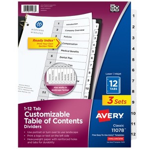 Avery Dividers for 3 Ring Binders, 12 Tabs per Set, Customizable Table of Contents, Classic White Tabs (3 Sets of 11078) - 1 of 4