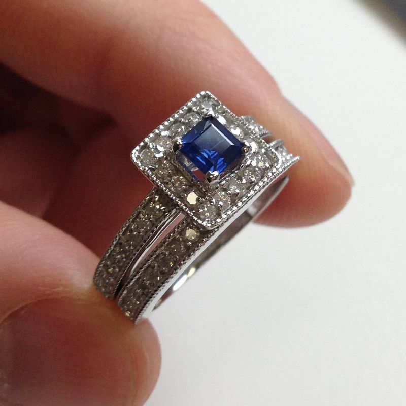 Pompeii3 1ct Blue Sapphire Princess Cut Halo Diamond Ring Set 14K White Gold, 2 of 5