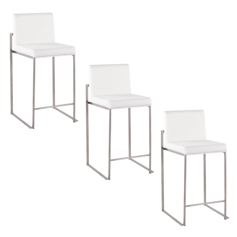 LumiSource Set of 3 Fuji High Back Counter Height Barstools Stainless Steel/White