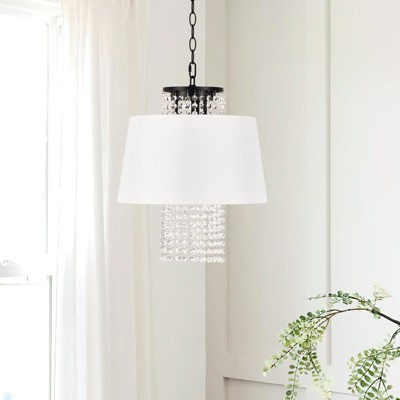 PAKOKULA 3-Light Black Drum Chandelier with Crystal Pendant and White Fabric Shade for Kitchen Island Living Room