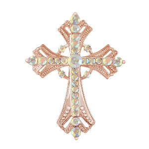 Anna-Kaci Silvery Tone Religious Cross Brooch Sparkling Aquamarine Blue or Victorian Clear Crystal Rhinestones - 1 of 4