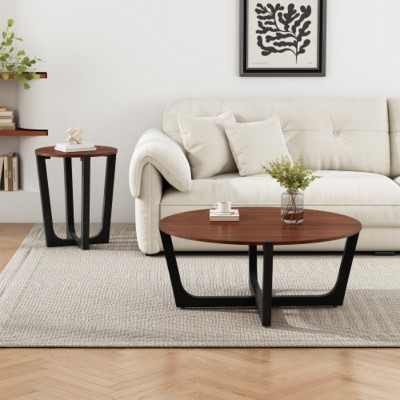 2-Piece Wooden Coffee Table and Side Table Set, Modern Round Accent Tables with Natural Finish for Living Room-Maison Boucle