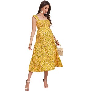 Womens Square Neck Smocked Maternity Dress Flutter Sleeve Summer Maxi Sundress - 1 of 4