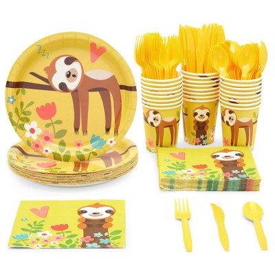 Blue Panda Disposable Dinnerware Set - Serves 24 - Cute Sloth Animal Themed Party Supplies for Kids Birthdays, Baby Showers