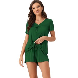 cheibear Women's Lounge Outfits Casual V-Neck Shorts Sleeves Tops with Shorts Pajama Sets - 1 of 4