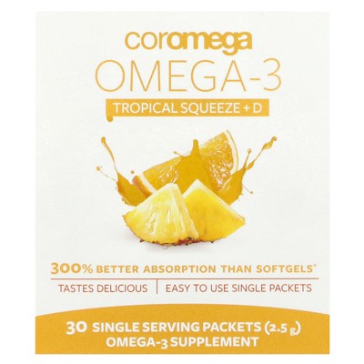 Coromega Omega-3, Tropical Squeeze + D, 30 Single Serving Packets, 2.5 g Each