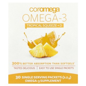 Coromega Omega-3, Tropical Squeeze + D, 30 Single Serving Packets, 2.5 g Each - 1 of 3