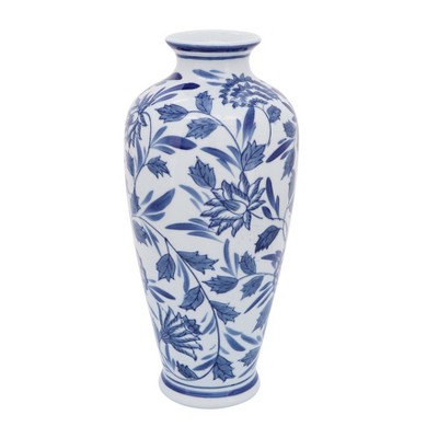 Sagebrook Home 13" Ceramic Vase - Contemporary Blue and White Chinoiserie Design Floral Vase For Decorative Table Accent