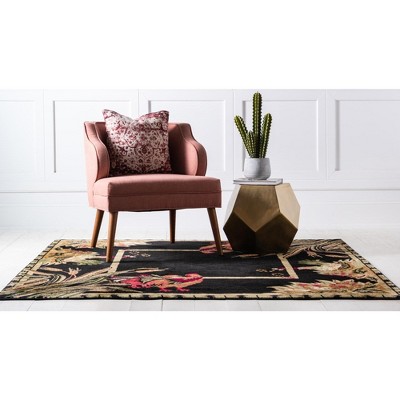 Black Floral Synthetic Square Indoor Rug, 6' x 6'