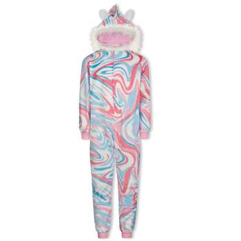 Sleep On It Girls Clouds & Rainbows Zip-Up Hooded Sleeper Pajama with Built Up 3D Character Hood