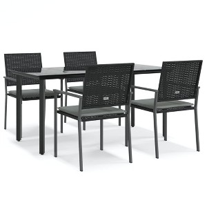 vidaXL Outdoor Patio Dining Set 5-Piece with Cushions - Weather-Resistant Poly Rattan and Sturdy Steel Frames, Black Dining Chairs, Glass-Top Table - 1 of 4