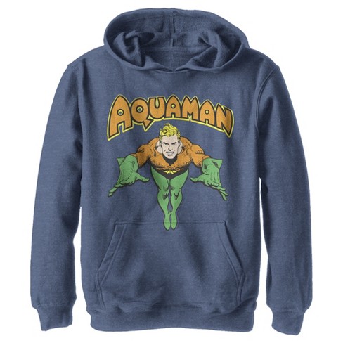 Boy s Justice League Aquaman Dives In Pull Over Hoodie Navy Blue Heather Small Target