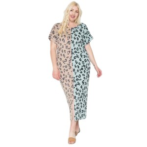 Slickblue Women's Plus Size Soft Stretch Leopard Print Maxi Dress, Dolman Sleeves & Front Slit, Mint/Dusty Pink, 1XL-3XL - 1 of 4
