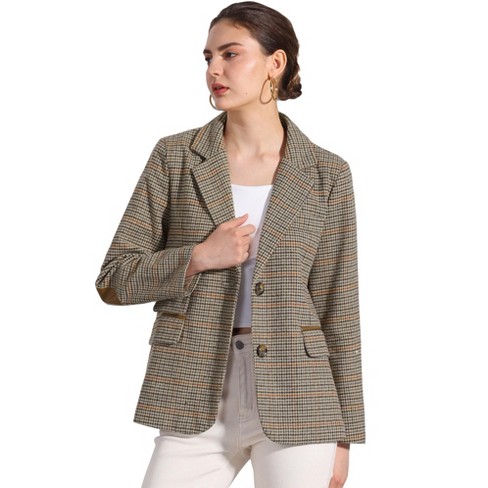 INSPIRE CHIC Women's Plaid Notched Lapel Button Front Work Formal Blazer  Jacket Brown Small