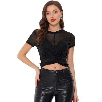 Allegra K Women's Round Neck Short Sleeve Twist Knot Crop Top T-Shirt