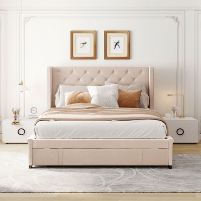Okak Queen Size Velvet Platform Bed Frame with Big Storage Drawer Upholstered Modern Bed with Wingback Headboard Easy to Assemble, Beige