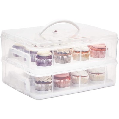 Juvale Clear Plastic 2 Tier Cupcake Carrier Storage Box Holder with Lid for 24 Cakes, 13.5x10.25x7.5 In