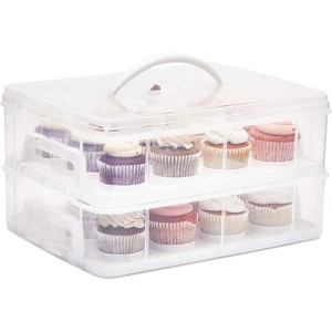 Juvale Clear Plastic 2 Tier Cupcake Carrier Storage Box Holder with Lid for 24 Cakes, 13.5x10.25x7.5 In - 1 of 4