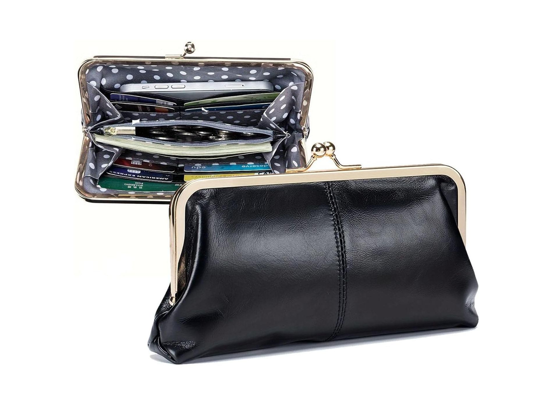 Paaaawaters Wallet for Women, Genuine Leather Coin Purse Kiss Lock Wallets with Zipper Coin Pocket, Multi-card Slots Card Holder