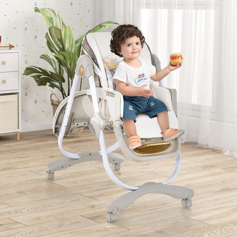 Babyjoy Baby High Chair with Wheel Folding Baby Dining Chair Adjustable Height & Recline Grey/Black, 4 of 11
