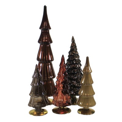 Christmas 17.0" Brown Hued Glass Trees Set / 5 Decorate Mantle Christmas Decor  -  Decorative Sculptures