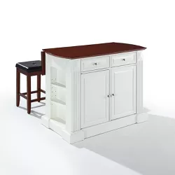 Coventry Drop Leaf Top Kitchen Island with Upholstered Square Stools White - Crosley