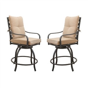 DOMETOUR Outdoor Swivel Bar Stools, High Bistro Chairs with Cushions for Garden/Balcony/Deck, Khaki (Set of 2) - 1 of 4