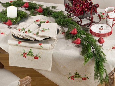 Embroidered Christmas Tree Linen Blend Square Tablecloth