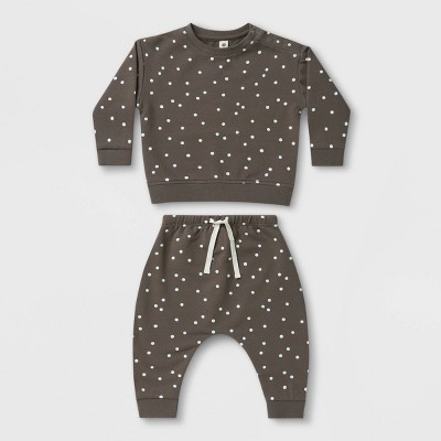 Q by Quincy Mae Baby 2pc Dot Fleece Sweatshirt & Sweatpants Set - Ivory 6-12M