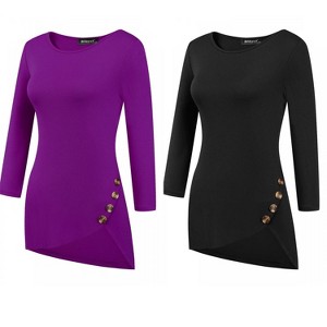 Allegra K Women's 3/4 Sleeve Round Neck Button Decor Casual Stretchy Tunic Tops 2 Packs - 1 of 4