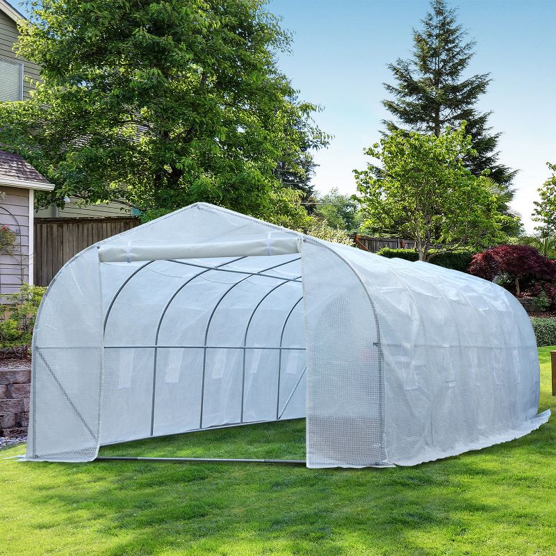 Outsunny 26' x 10' x 7' Walk-In Greenhouse Tunnel, Large Gardening Plant Hot House with 12 Windows and Zipper Doors for Backyard, White, 2 of 9