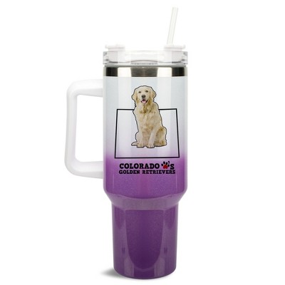 Elanze Designs Colorful Colorado Loves Golden Retrievers Purple and White Double Wall Stainless Steel Insulated Travel Tumbler with Lid and Straw, 40