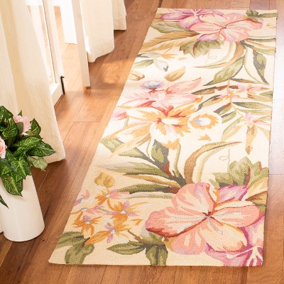 Ivory Floral Hand-Hooked Wool Area Rug, 2'6" x 8'